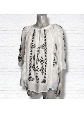 Melissa Odabash "Aliya" Black Embroidered White Tunic Shirt O/S